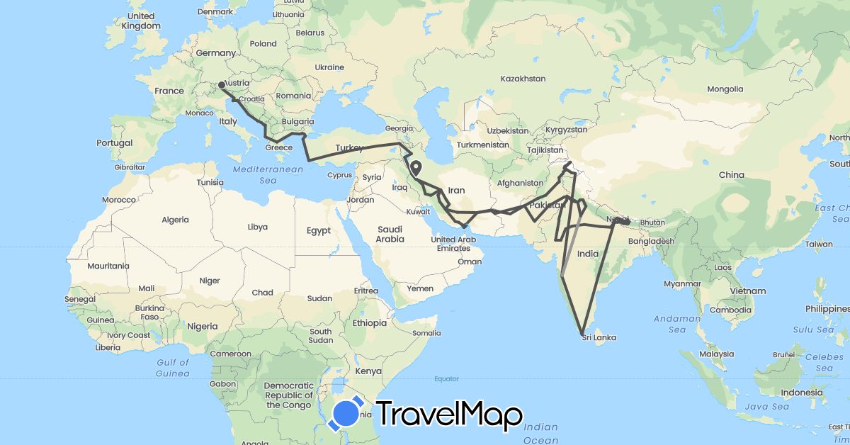 TravelMap itinerary: driving, plane, boat, motorbike in Albania, Austria, Greece, Croatia, India, Iran, Italy, Montenegro, Nepal, Pakistan, Turkey (Asia, Europe)